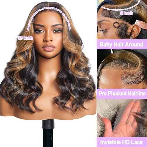 Highlight Bob Wig Human Hair Ombre FB/30 13x6 Lace Frontal Wigs Human Hair 200 Density HD Lace Front Wigs Pre Plucked Hairline Color Short Bob Wigs for Women Glueless Body Wave Human Hair Wig 16 Inch
