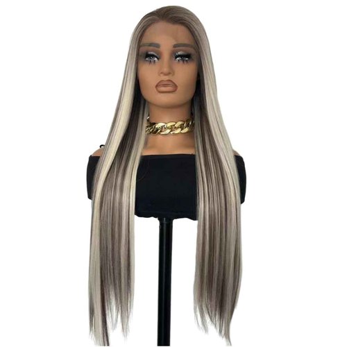 Greenmirr Highlighted Ash Blonde Lace Front Wig 13x4 Lace Long Straight Heated Synthetic Ombre Brown Blonde Lace Front Wig for Women Daily Cosplay 24in