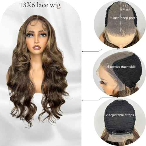 Ombre Brown Highlight Lace Front Wigs 13X6 Body Wave Synthetic Lace Front Wig For Black Women Highlight Wavy Wigs HD Glueless Lace Frontal Wigs Free Part Ready To Wear Wig