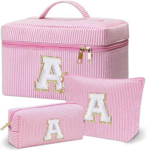 Personalized Monogram Makeup Bag, 3PCS Custom Monogrammed Toiletry Cosmetic Bag for 6-18 Teen Girls Women,Birthday Graduation Gifts Initial Pouch Makeup Bags for Women Girls, Make Up Bag (A, Pink)