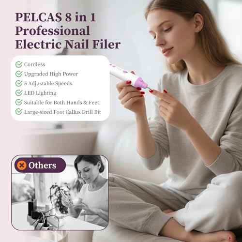 PELCAS Toenail Grinder for Thick Toenails 8 in 1 Manicure & Pedicure Kit, 5 Speeds Cordless Nail Drill with LED Light Electric Foot Callus Remover for Foot Callus, Thick Nails, Finger Nails Pink