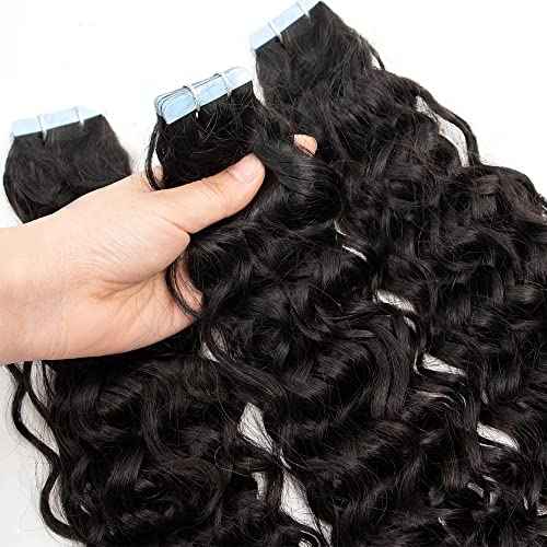 Water Wave Tape in Hair Extensions 24Inch Curly PU Tape in Human Hair Extensions Invisiable Curly Tapes on Extension Skin Weft 20pcs 50g Real Hairs Seamless Skin Weft Tapes Hairs Extension