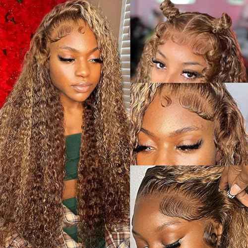 28 Inch 13x6 Highlight Ombre Deep Wave Lace Front Wigs Human Hair Pre Plucked #4/27 Colored Glueless Wigs Water Wave Honey Blonde Curly Lace Frontal Wigs Human Hair for Women
