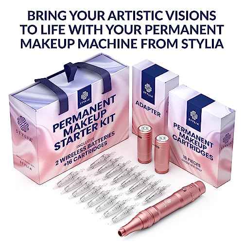 Stylia Permanent Makeup Machine Set ? Wireless Machine Kit with 2 Rechargeable Lithium Batteries, Power Adaptor and 16 Cartridges ? Microblading Supplies, Low-Noise, High-Speed Motor