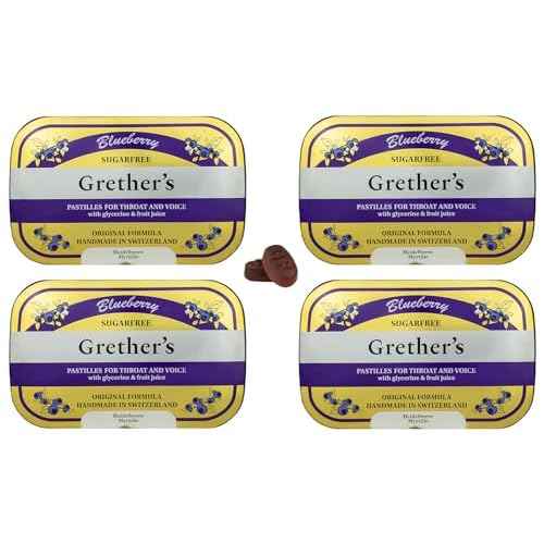 GRETHER'S Sugarfree Blueberry Pastilles Natural Remedy for Dry Mouth Relief - Soothing Throat & Healthy Voice - Long-Lasting Fruit Flavor, Gift for Singers - Gluten-Free - 4-Pack - 3.75 oz