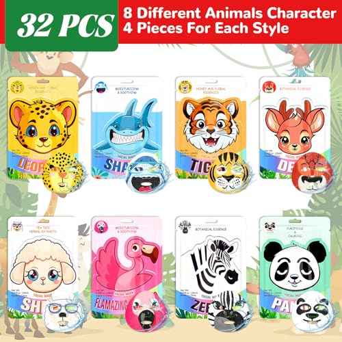32 Pcs Animal Face Masks Bulk Spa Sheet Skincare Facial Mask Funny Face Skin Care for Women Girls Sleepover Slumber Party