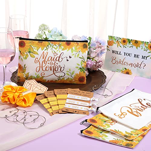 63 Pcs Bridesmaid Proposal Gifts Bulk Maid of Honor Gifts Matron of Honor Gifts Brides Bridesmaid Cosmetic Makeup Bag Hair Knotted Bracelets Invitation Cards for Wedding Bachelorette (Beautiful)