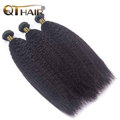QTHAIR 16A Brazilian Kinky Straight 3 Bundles 16 18 20 Inch Yaki Straight Human Hair Bundles 100% Unprocessed Virgin Brazilian Human Hair Weave Natural Black