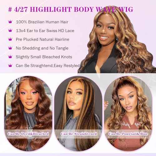 Ombre Lace Front Wig Human Hair 4/27 13x4 HD Body Wave Highlight Lace Front Wig Human Hair Pre Plucked With Baby Hair 180% Density Glueless Lace Front Wigs Human Hair28 Inch
