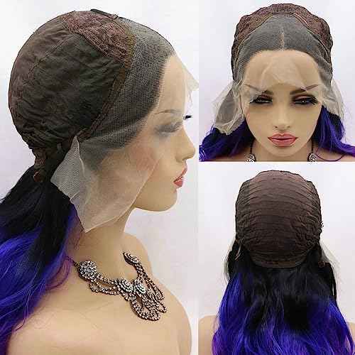 24" Long Straight Black Ombre Purple Synthetic Lace Front Wig for Women Cosplay Party Drag Queen Hairstyle 1B Black to Violet/Rose Red Mermaid Colorful Wedding Wigs Natural Hairline