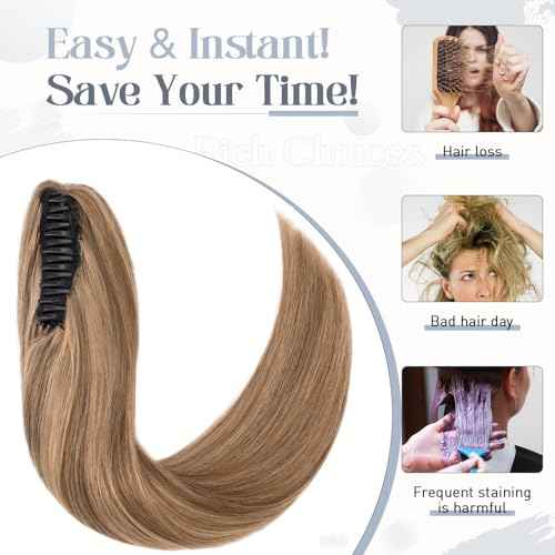 Rich Choices Claw Clip Ponytail Extension Human Hair #4P27 Medium Brown Highlighted Dark Blonde Real Hair Ponytail Balayage 18 Inch Clip In Long Ponytail Hair Extension For Women 110g One Piece