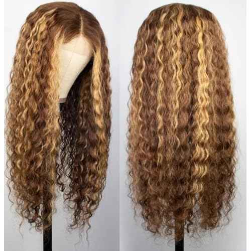 Chesma 28inch Highlight Ombre Lace Front Wig Human Hair 13x4 HD Honey Blonde 4/27 Deep Wave Lace Frontal Wigs Glueless Wigs 180 Density