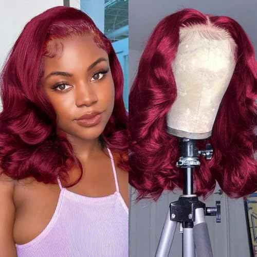 14 Inch Burgundy Bob Wig Human Hair 13x6 99j Burgundy Lace Front Wigs Human Hair Bob Wigs For Black Women 200% Density 99j 13x6 Hd Transparent Lace Front Body Wave Wigs Pre Plucked Pre Cut