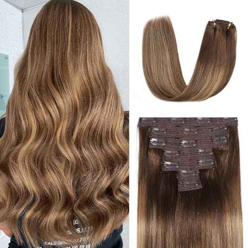 Clip in Hair Extensions Real Human Hair, 20 Inch 7pcs 70g/Pack - Ombre Chocolate Brown to Caramel Blonde, Soft Remy Human Hair Clip in Extensions Straight Capable for all Occasion (20 Inch)