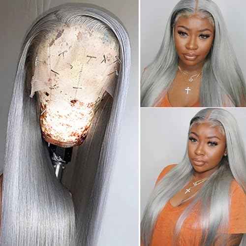Grey Lace Front Wigs Human Hair for Women, 24inch 150% Density Silver Grey Straight 13X4 HD Transparent Lace Front Wigs Pre Plucked with Baby Hair Natural Hairline