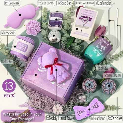 Lavender Get Well Gifts for Women Feel Better Gifts Baskets for Women After Surgery Cancer Care Gifts for Friend Sick Chemo Care Package Encouraging Pamper Comfort Wellness Box For Her