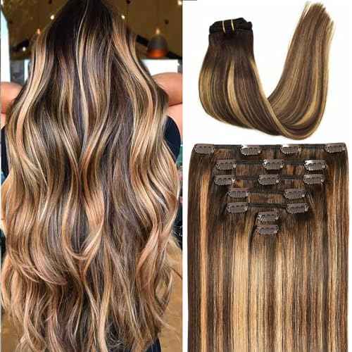 Savasana Clip in Hair Extensions Real Human Hair Straight 7 Pcs Balayage Clip in Hair Extensions Double Weft Thick Chocolate Brown to Caramel Blonde 22 Inch 120g
