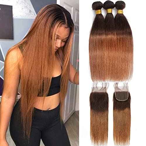 12A Ombre Human Hair Bundles with Closure 2 Tone Ombre 100% Unprocessed Brazilian Virgin Remy Human Hair Straight Human Bundles with Lace Closure Free Part (16 18 20 +14)