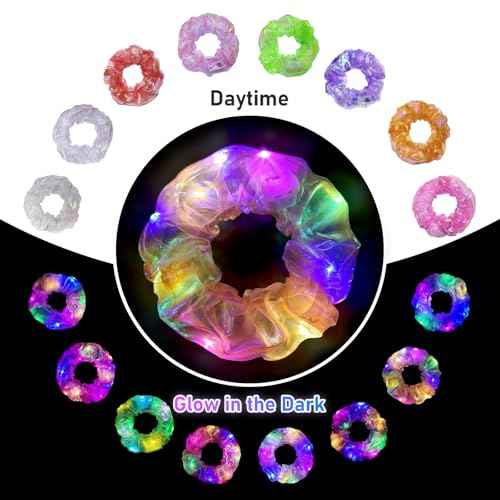 8 Pcs Light Up Mermaid Scrunchies, LED Hair Scrunchy for Girl & Women, Multi Light Modes, Glow in the Dark Accessories for Rave Neon Slumber Party
