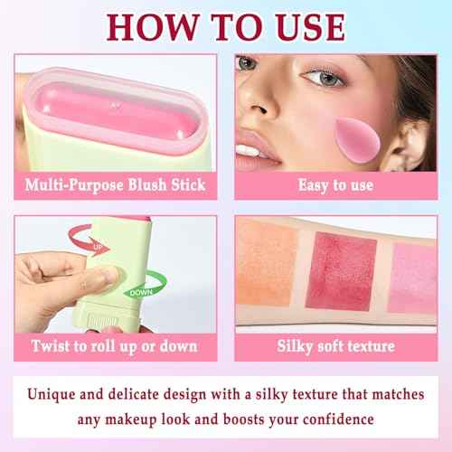 3 Colors Blush Stick with Makeup Sponges,Matte Solid Cream Blush,Multi-Use Blush Stick for Cheeks,Lips and Eye,High Pigmented Makeup Sticks Set A