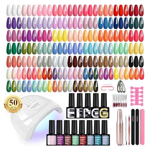 PHOENIXY 63 Pcs Gel Nail Polish Kit with U V light and Drill, 50 Pcs Gel Polish with 5 Pcs Base Top Coat Manicure Starter Nail Polish Set Christmas Gifts for Women ST9017