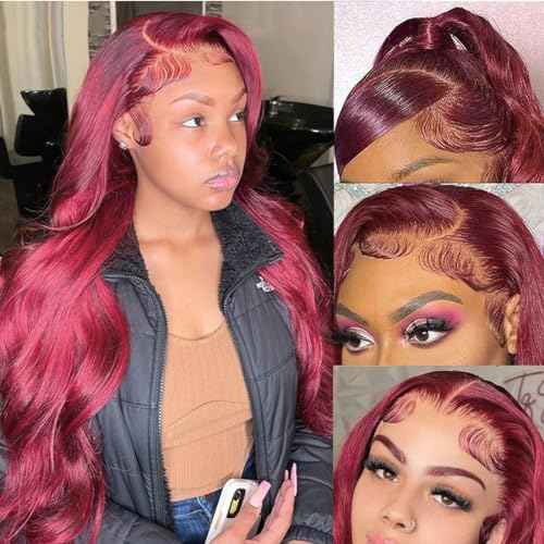 99j Burgundy Body Wave 13x4 Lace Front Wigs Red HD Transparent Lace Frontal Wigs Human Hair Pre Plucked with Baby Hair 22 inches Wine Red Colored Body Wave Wigs for Women Full and Thick 220% Density