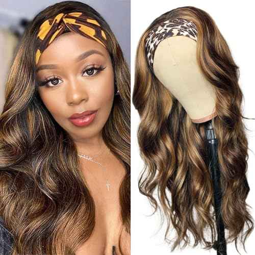 Highlight Ombre Headband Wig Human Hair 4/27 Highlight Body Wave Wigs Human Hair for Black Women Wear and Go Glueless None Lace Front Wigs Brazilian Virgin Headband Wig Human Hair 22 Inch
