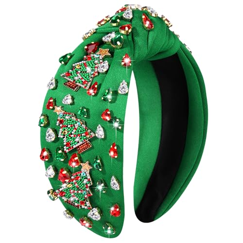 NVENF Christmas Headband for Women Beaded Xmas Tree Headband Jeweled Crystal Pearl Knotted Headbands Wide Top Knot Holiday Headband Christmas Hair Accessories Outfits Gifts (Christmas Tree 3)