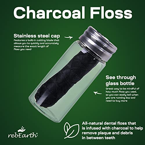 rebEarth Natural Deep Clean Charcoal Floss - Oral Care Dental Floss w/Mint Flavor, 30m Tooth Floss in Glass Container, Bamboo Floss w/Reusable Floss Container, Smooth & Shred Resistant (Pack of 4)