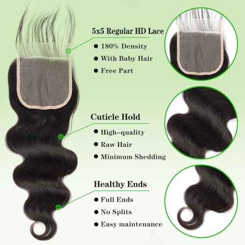 Body Wave Bundles with 5x5 Closure Human Hair (14 16 18+12) 100% Unprocessed Brazilian Virgin 10A Body Wave Human Hair Weave Bundles with 5x5 Closure Natural Color