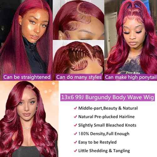 MISSJAY 18 inch Burgundy Lace Front Wigs, Body Wave Glueless HD Lace Frontal with 13x6 Hd Lace Front and 180 Density