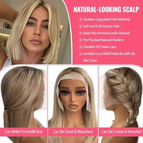 Smartinnov Blonde Balayage Human Hair Bob Wig 13x4 Lace Front HD Transparent Short Blunt Cut Bob Wigs 8 Inch Ash Brown to Bleached Blonde Highlight Pre Plucked with Baby Hair for Women