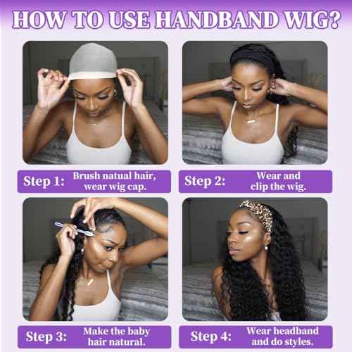Curly Headband Wig Human Hair 24 Inch Glueless None Lace Front Deep Curly Wig Wear and Go Wigs for Black Women Machine Made Headband Half Wigs 180% Density Natural Color