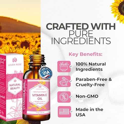 Leven Rose 100% Vitamin E Oil 75,000 IU per oz 100% Natural, Organic, Pure Vitamin E Oil for Skin, Face, Hair, Nails 1oz