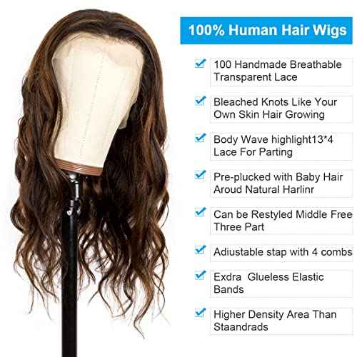 originea Balayage FB30 Body Wave Highlight 13x4 Transparent HD Lace Front Human Hair Wigs for Black Women 10A Brazilian Remy Hair Ombre Highlights Lace Frontal Wigs