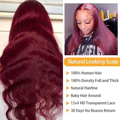 Burgundy Lace Front Wigs Human Hair 99j 13X4 Body Wave Lace Front Wigs 180% Density 100% Brazilian Human Virgin Hair Glueless HD Red Wigs Pre Plucked with Bleached Knots Natural Hairline (26inch)