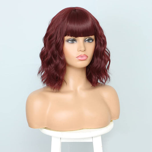 Elfairy Red Wig for Women 12in Short Wavy Curly Hair Bangs Wigs Natural Looking Synthetic Hair Replacement Wig(12'' Wine Red 118)