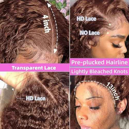 13x4 Chocolate Brown Deep Wave Transparent Lace Front Wigs Human Hair Wet and Wavy Wigs for Black Women Brazilian Deep Curly Wave Lace Frontal Wigs Pre Plucked with Baby Hair 180% Density (26 Inch)