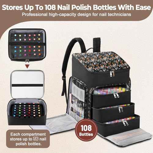 DERSTUEWE Floral Pattern Nail Polish Storage Backpack, Large Capacity Organizer Case with Multiple Compartments, Black