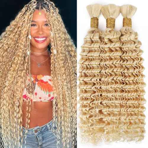 Human Braiding Hair for Boho Braids 150g 22 Inch 613 Blonde Brown Curly Boho Hair for Braiding Knotless 12A Deep Wave Bulk Bohemian 3 Bundles/Pack Color 613