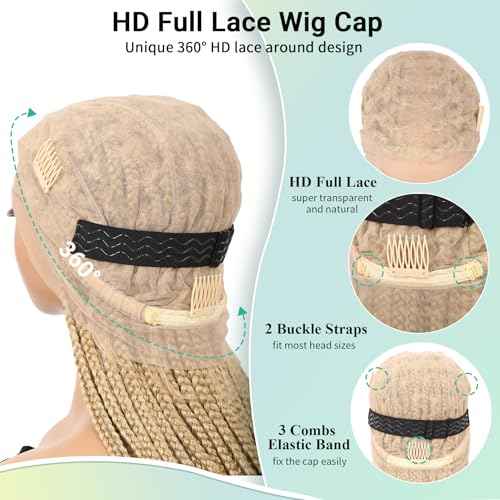 360¡ÆHD Full Lace Square Knotless Braided Wigs For Women 36 Inch Box Braid Wig With Baby Hair Premium Synthetic Braided Lace Front Wig Honey Blonde With Light Blonde Ends Hand Braid Wigs