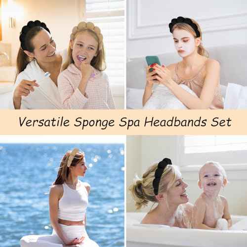 AMCAMI Puffy Spa Headband for Women Sponge Headbands for Girls 2 PCS Terry Towel Cloth Fabric Head Band for Skincare,Makeup Removal,Face Washing,Facial Mask,Shower,Hair Accessories£¨Black&Light Coffee£©