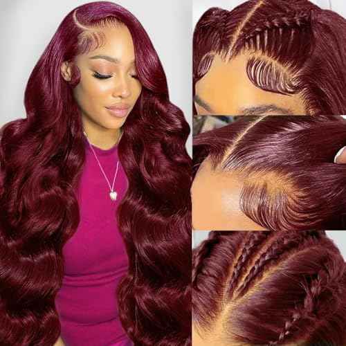 Human Hair Wig 30 Inch Lace Front Wigs Human Hair 99j Burgundy 13x6 200% Density Glueless HD Transparent Burgundy Wine Red Body Wave Wig Pre Plucked With Baby Hair