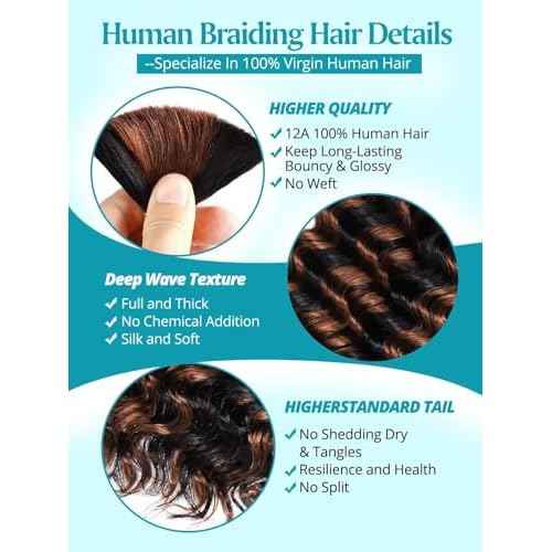 160g 5 Bundles/Pack Ombre Brown Human Braiding Hair for Boho Braids 24 Inch Curly Boho Hair for Braiding Knotless 12A Deep Wave Bulk Bohemian Color P1B/30
