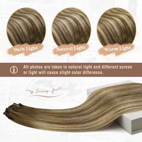 Ve Sunny Balayage Clip in Hair Extensions Brown Blonde Human Hair Clip in Extensions Ombre Hair Extensions Real Human Hair Clip ins Short Straight Hair Soft and Natural 100g 14in