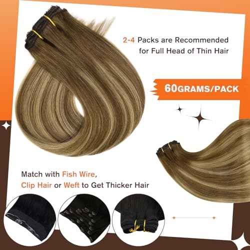 Full Shine Clip in Hair Extensions Human Hair 16Inch Lace Clip in Human Hair Ombre Brown Fading to Blonde Highlight Double Weft Straight Hair Extensions for Women 60Grams 3Pcs