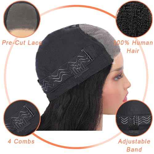 Glueless Wigs Human Hair Pre Plucked Pre Cut 4x4 Lace Closure Deep Wave Wig 180% Density Wear and Go Human Hair Curly Wigs for Black Women Natural Black Color with Baby Hair Small Head Friendly 28Inch