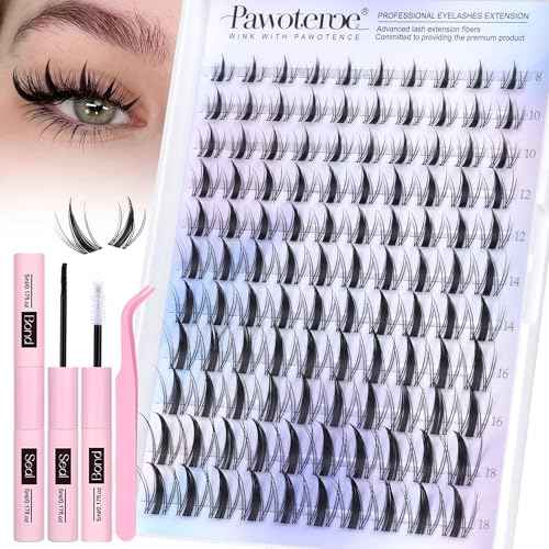 Pawotence Manga Lash Clusters Kit Eyelash Clusters 8-18mm Lash Extension Kit Fairy Individual Lashes Cluster Wispy with Lashes Cluster Glue, Tweezers for Invisible Band Cluster Eyelash Extensions Kit