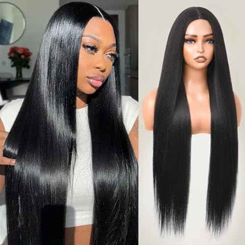 Long Straight Black Wigs for Women Glueless Synthetic Wig Middle Part 32 Inch