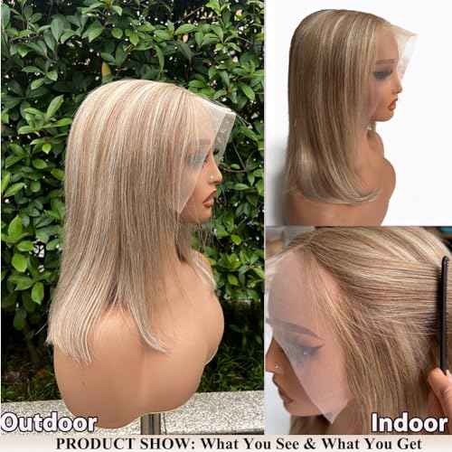 8T860 10 Inch Highlight Bob Wigs Human Hair for White Women Brown to Blonde with Brown Roots Ombre 13x6 HD Lace Front Wig Human Hair Pre Plucked Pre Cut Glueless Straight Bob Wigs with Baby Hair